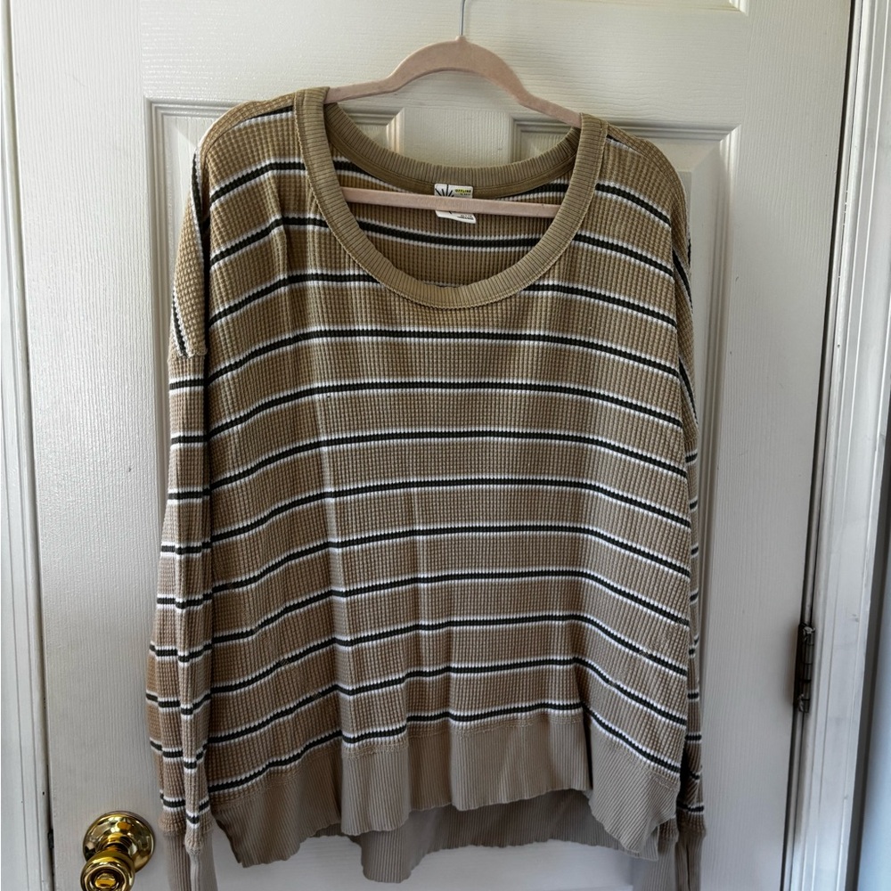 Aerie waffle knit  Tan and Brown Crew Neck Long Sleeve Relaxed Fit